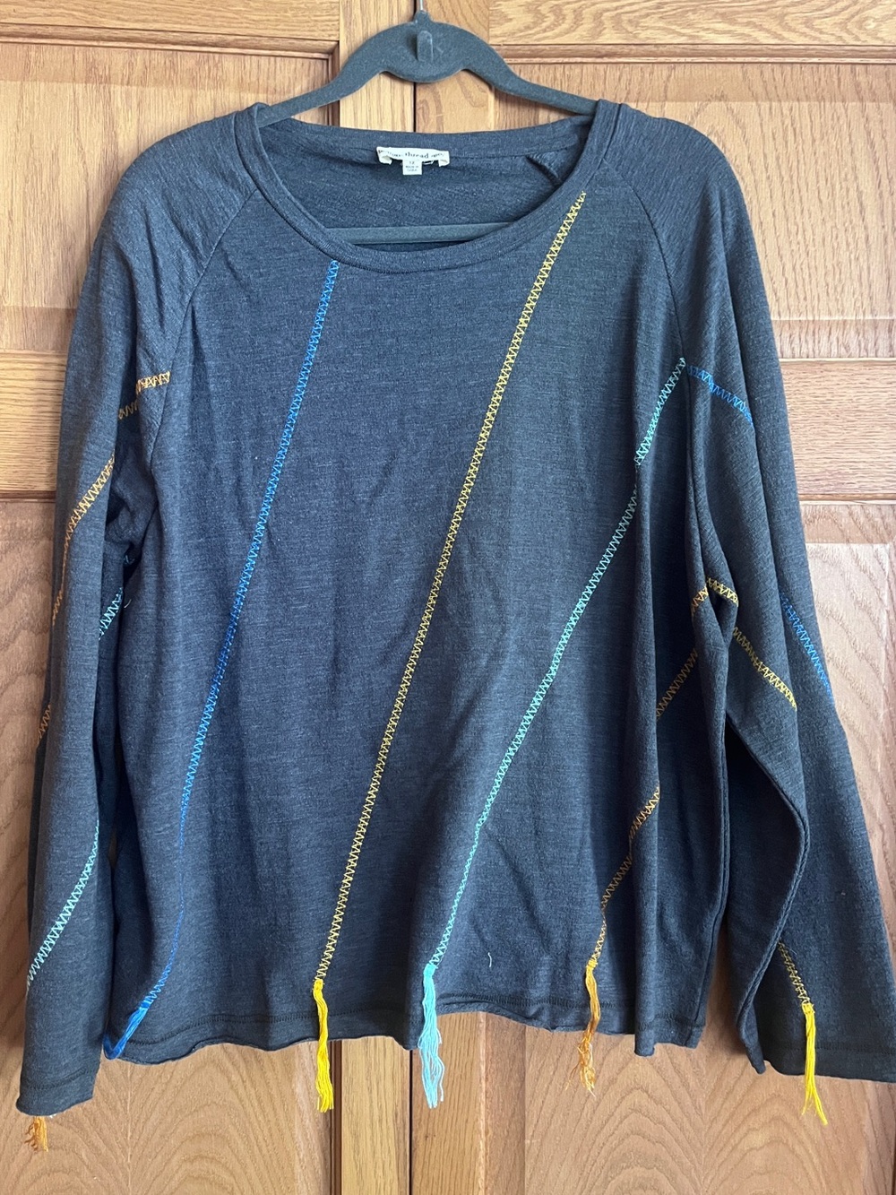 Charcoal Crewneck Sweater with Colorful‎ Diagonal Stitching